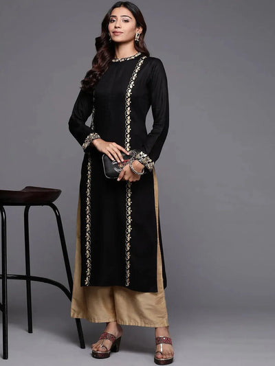 Black Embroidered Pashmina Wool Straight Kurta - Libas