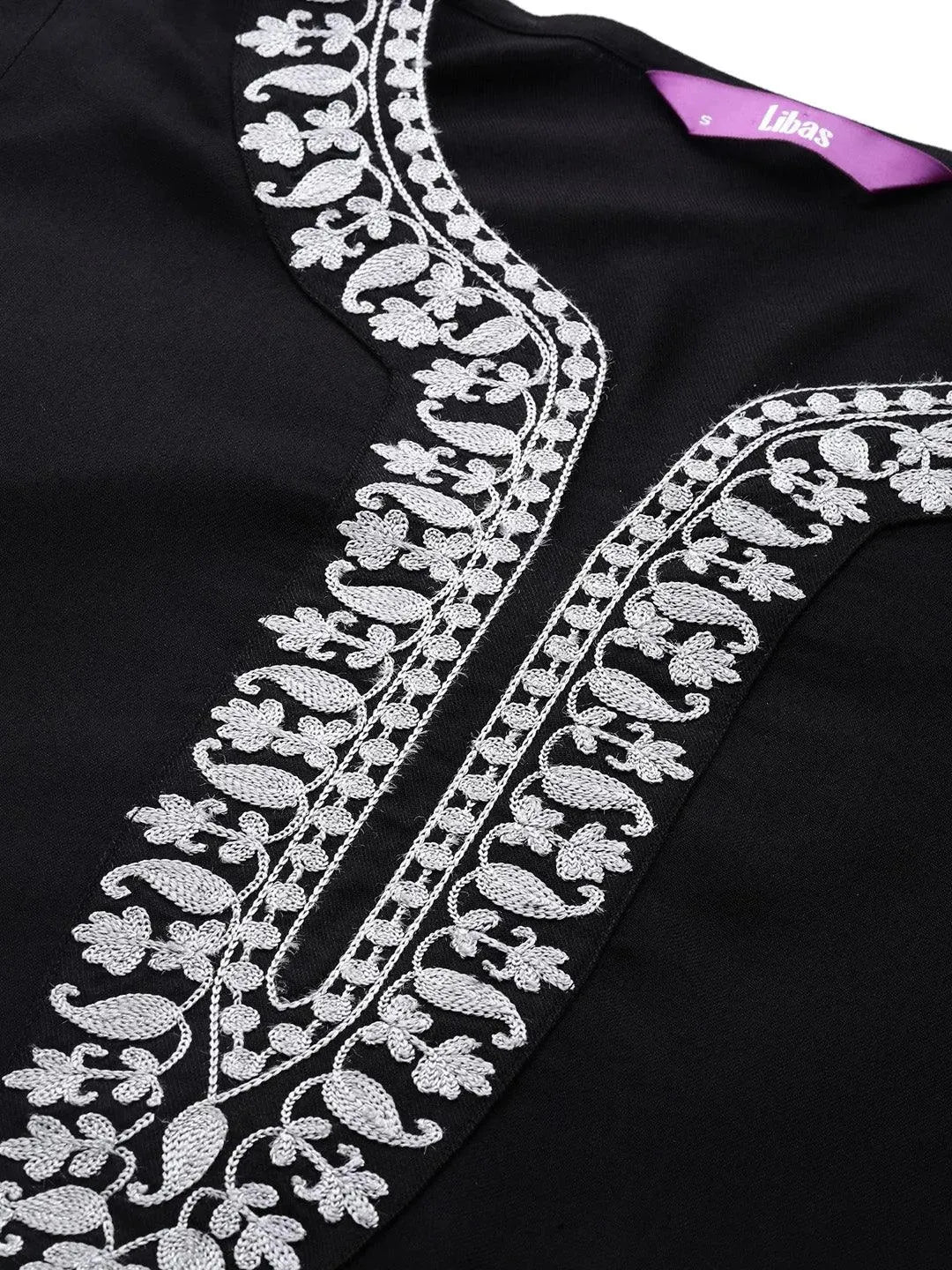 Black Embroidered Pashmina Wool Straight Kurta - Libas 