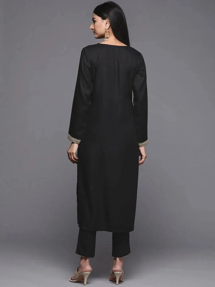 Black Embroidered Pashmina Wool Straight Kurta - Libas