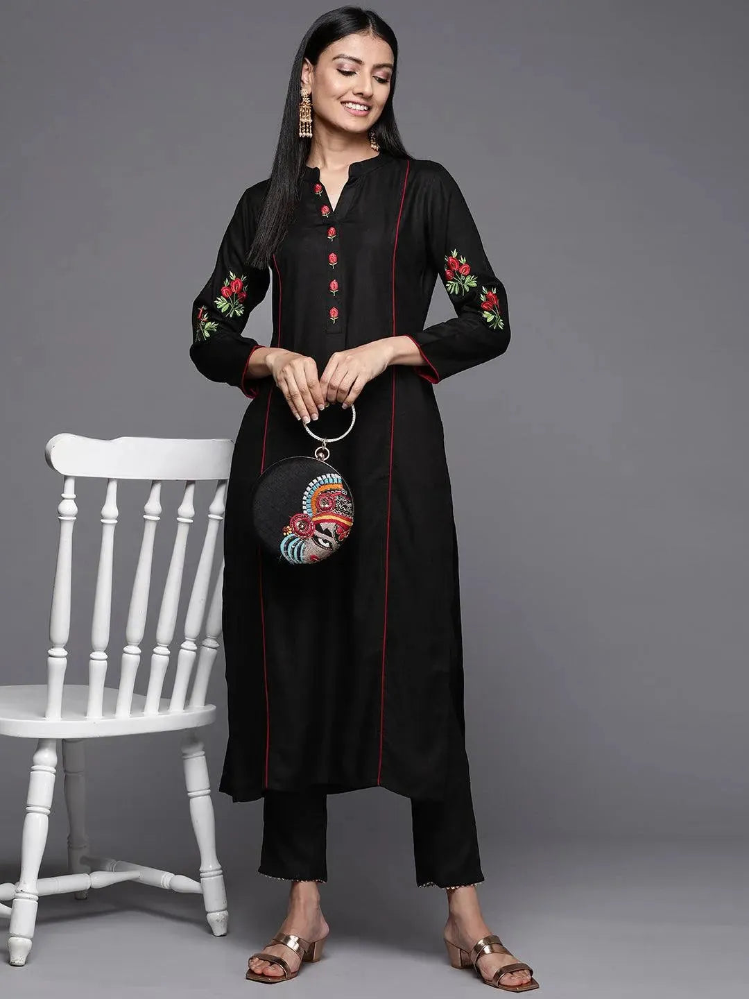 Black Embroidered Pashmina Wool Straight Kurta - Libas