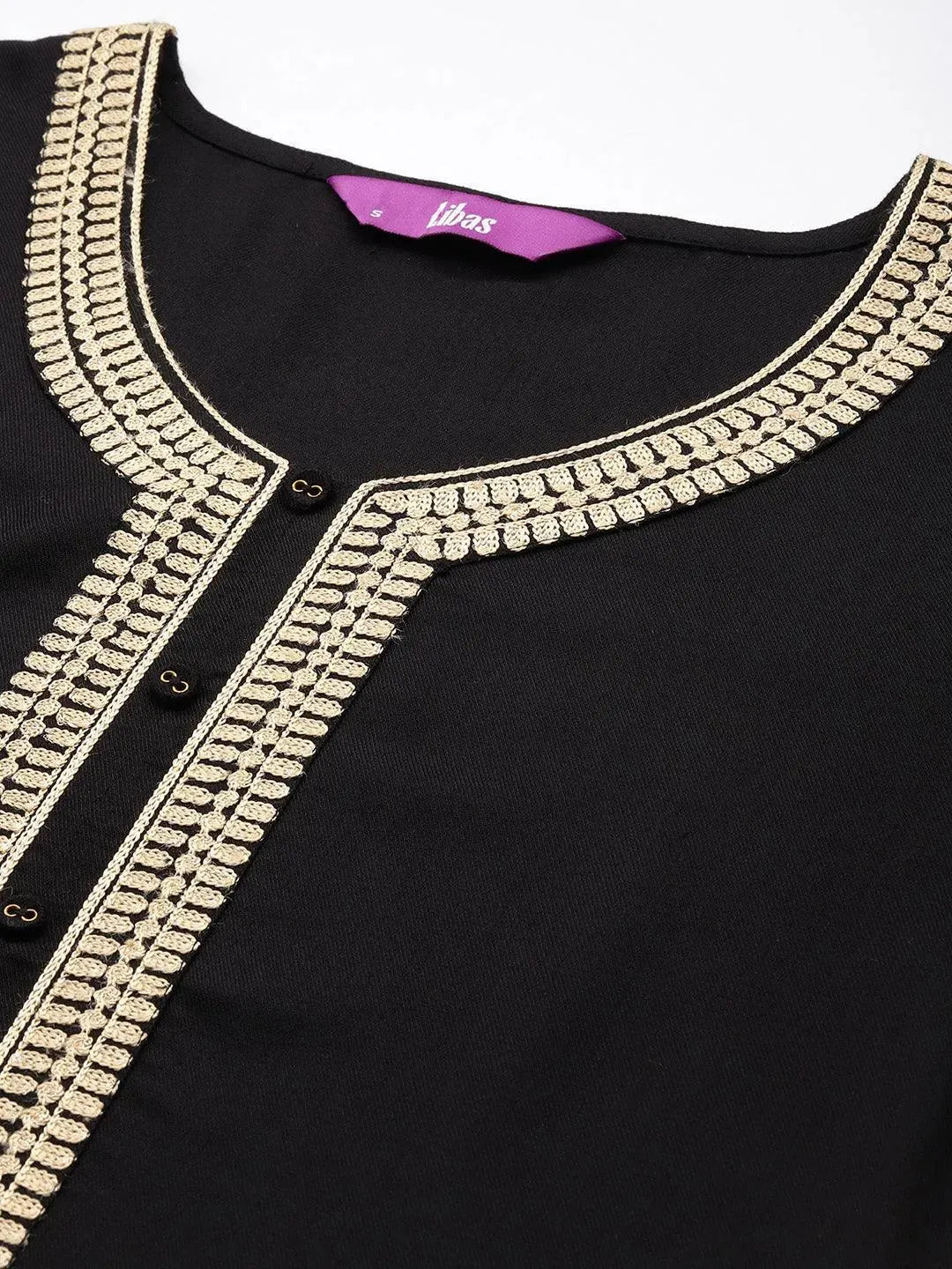 Black Embroidered Pashmina Wool Straight Kurta - Libas 