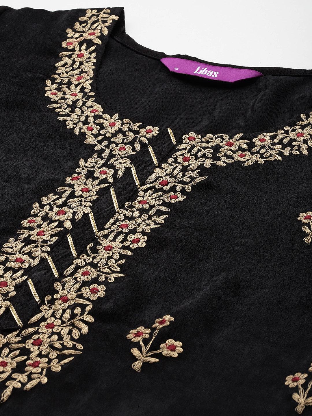 Black Embroidered Polyester Straight Kurta With Trousers - Libas