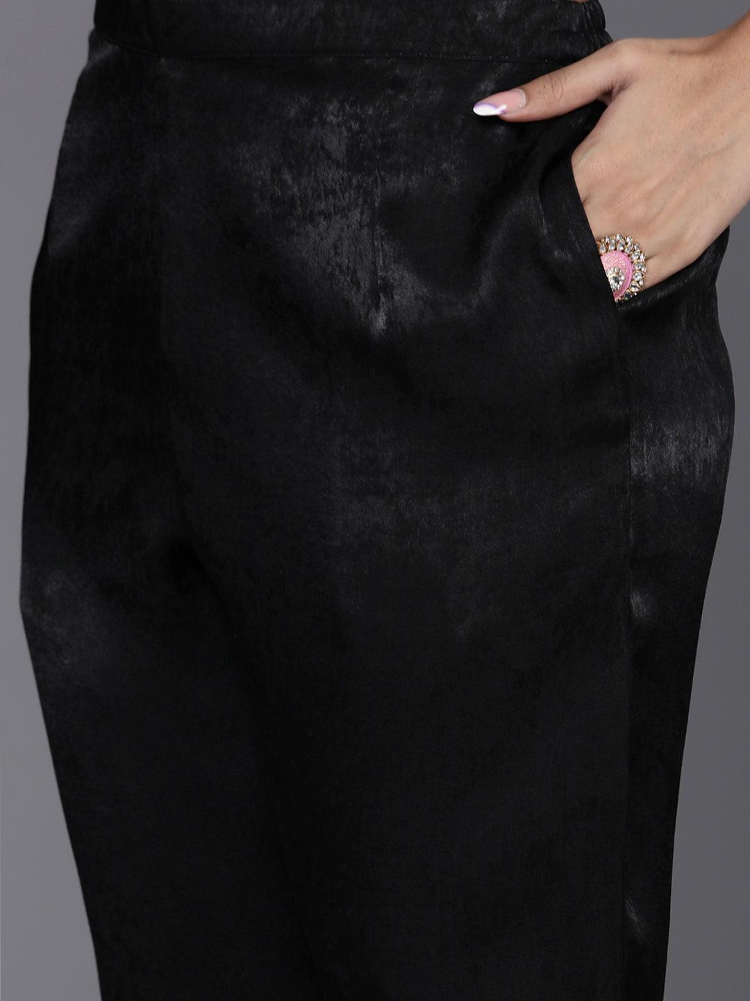 Black Embroidered Polyester Straight Kurta With Trousers - Libas