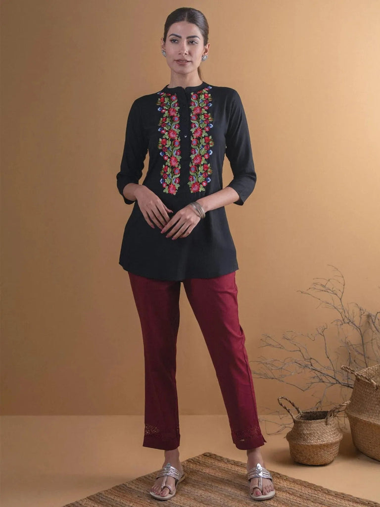 Libas Black Embroidered Rayon Kurta