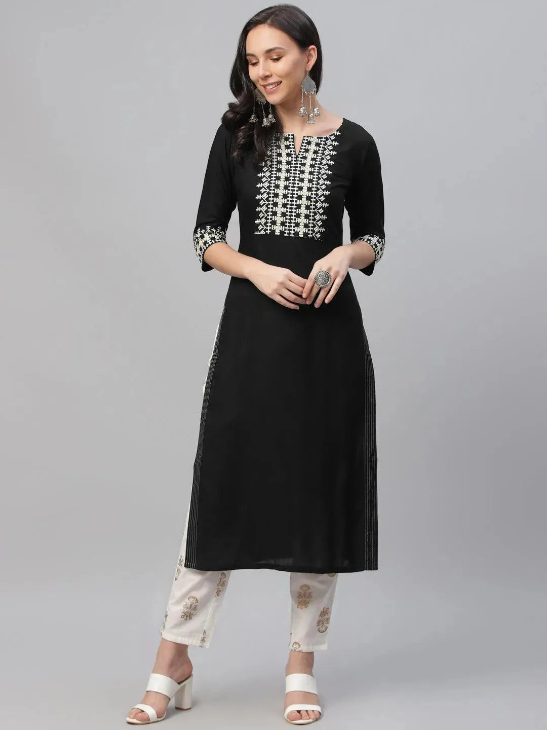 Black Embroidered Rayon Kurta - Libas