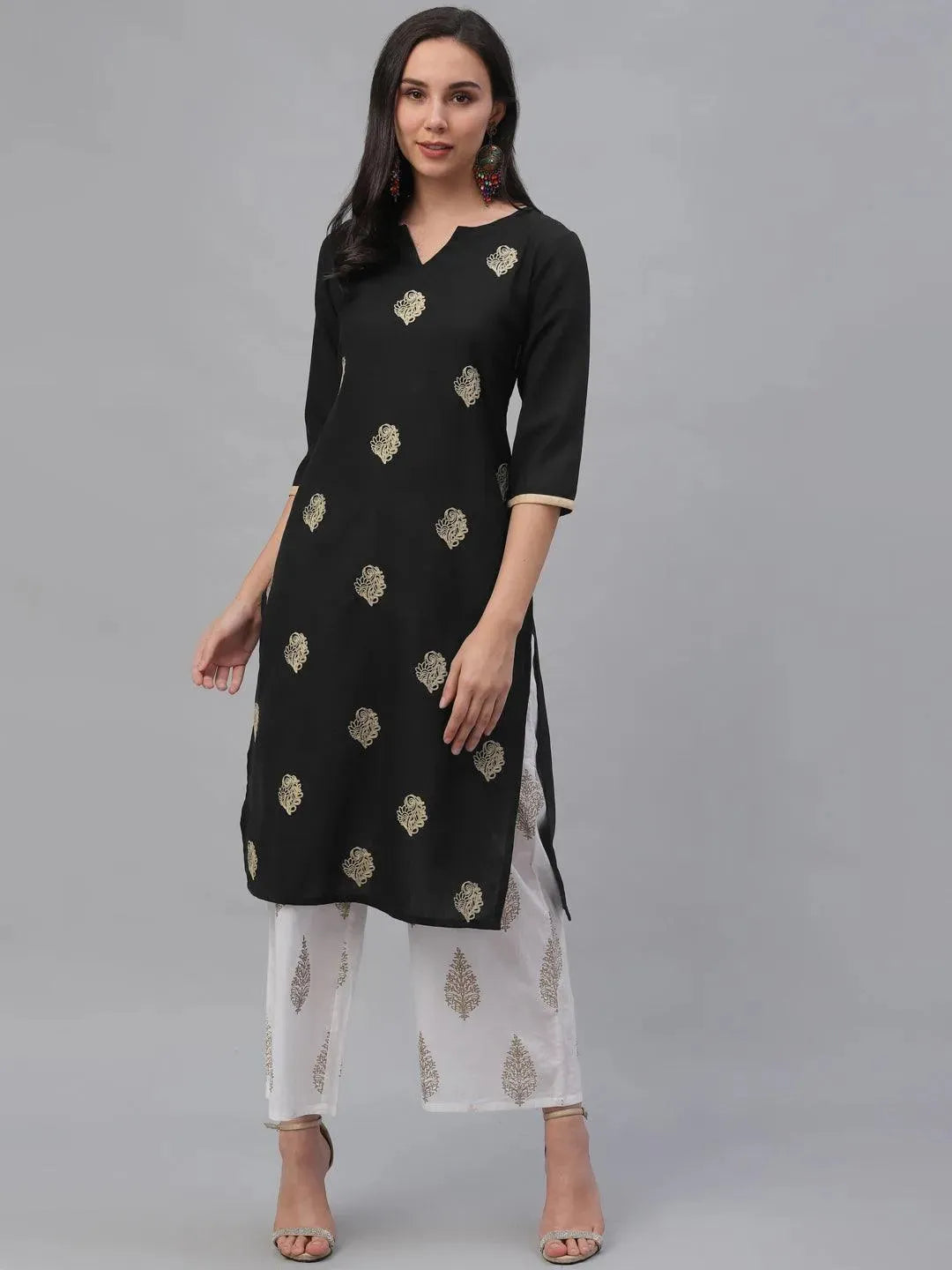 Black Embroidered Rayon Kurta - Libas 