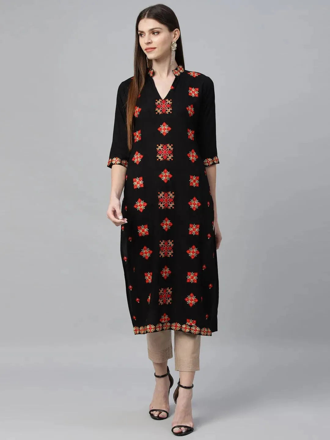 Black Embroidered Rayon Kurta - Libas