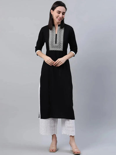 Black Embroidered Rayon Kurta - Libas