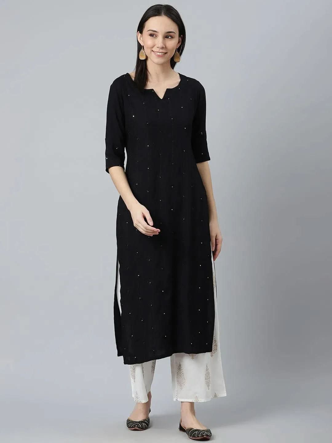 Black Embroidered Rayon Kurta Set
