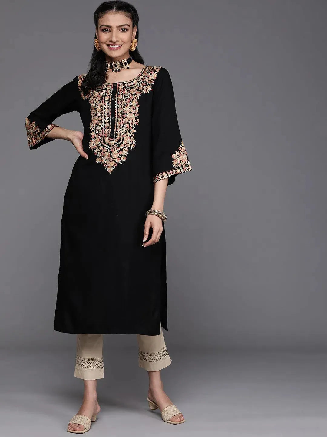 Black Embroidered Rayon Kurta - Libas