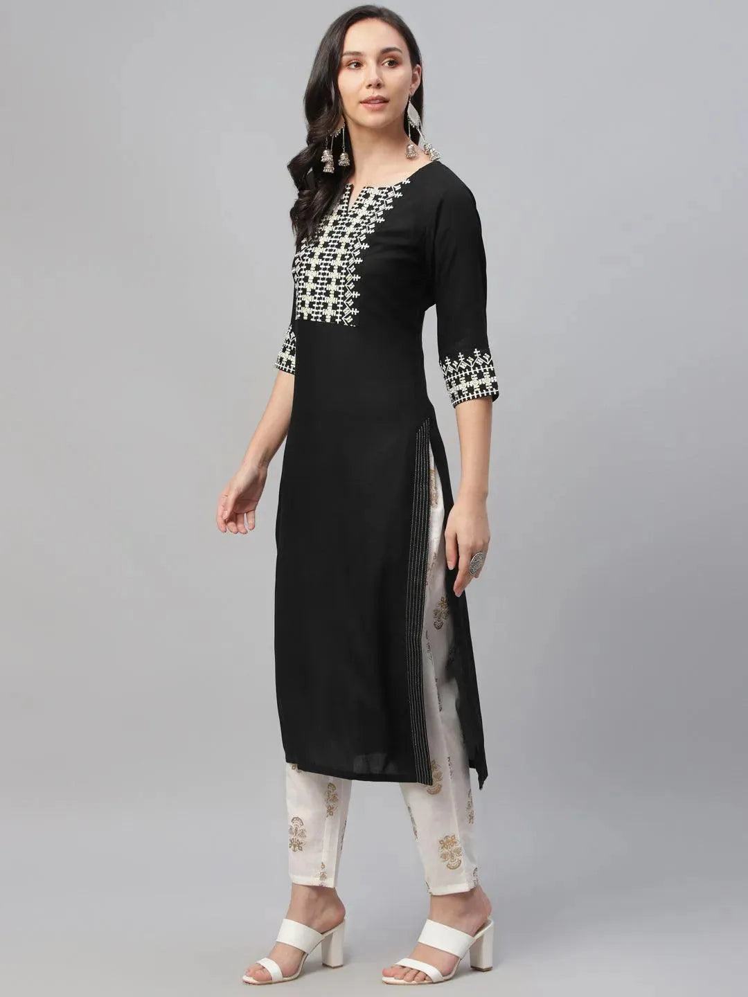 Black Embroidered Rayon Kurta - Libas