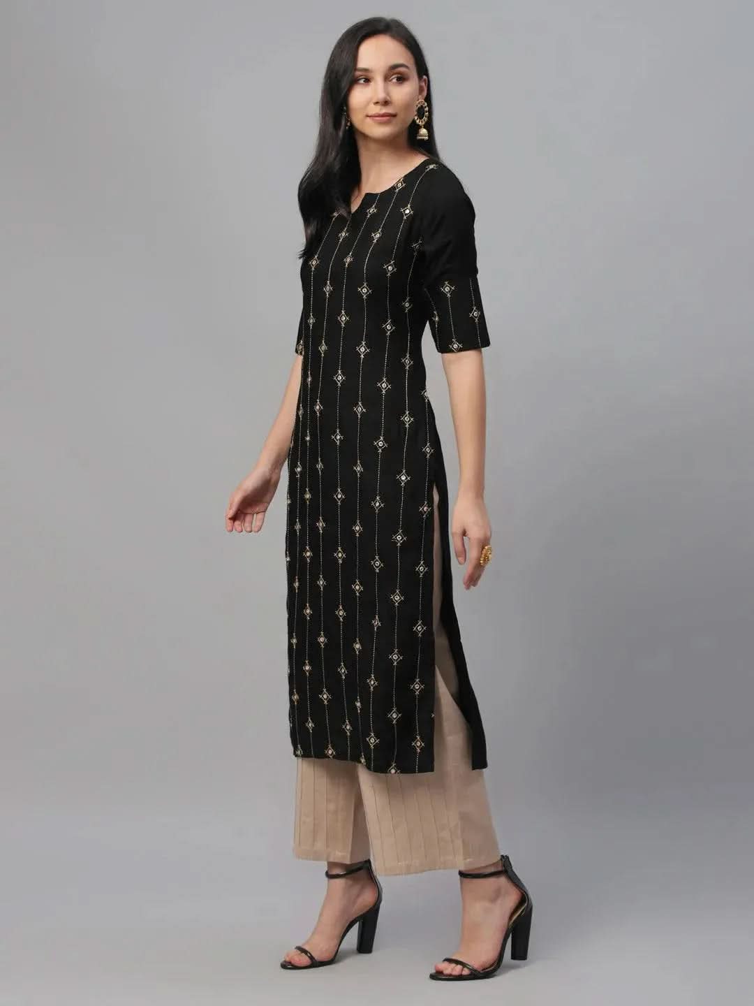 Black Embroidered Rayon Kurta - Libas 