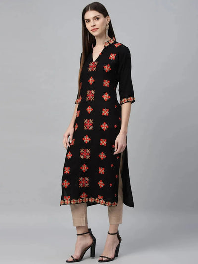 Black Embroidered Rayon Kurta - Libas