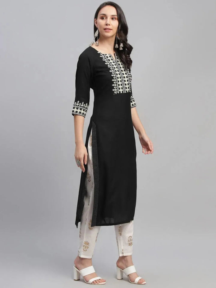 Black Embroidered Rayon Kurta - Libas