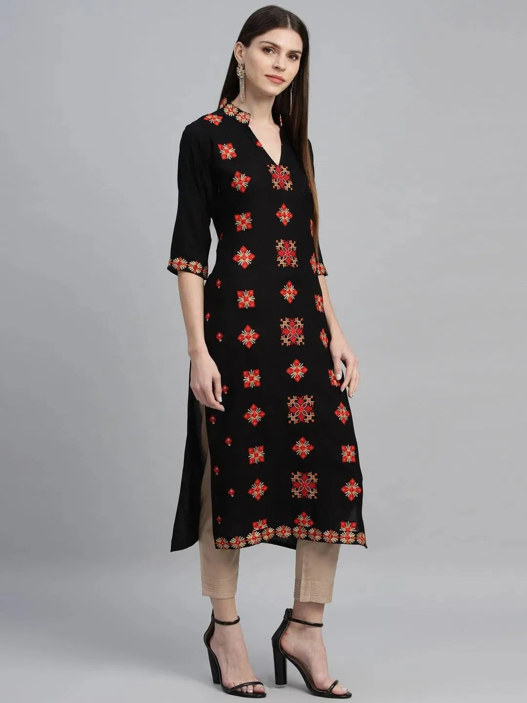 Black Embroidered Rayon Kurta - Libas