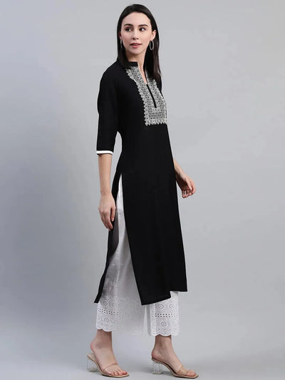 Black Embroidered Rayon Kurta - Libas