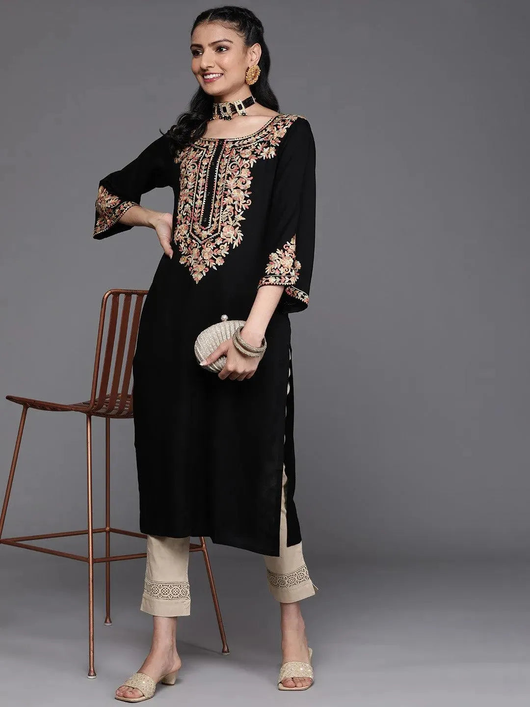 Black Embroidered Rayon Kurta - Libas