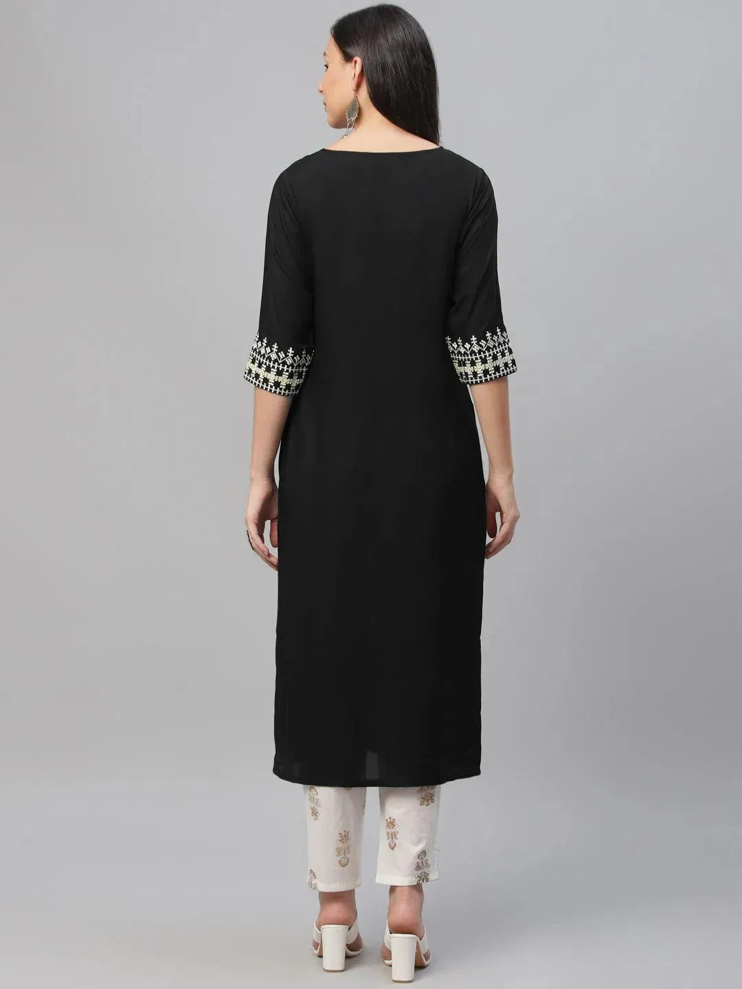 Black Embroidered Rayon Kurta - Libas 