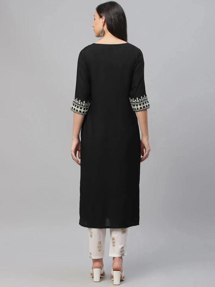 Black Embroidered Rayon Kurta - Libas