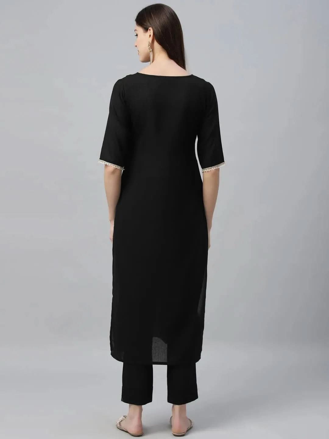 Black Embroidered Rayon Kurta - Libas 
