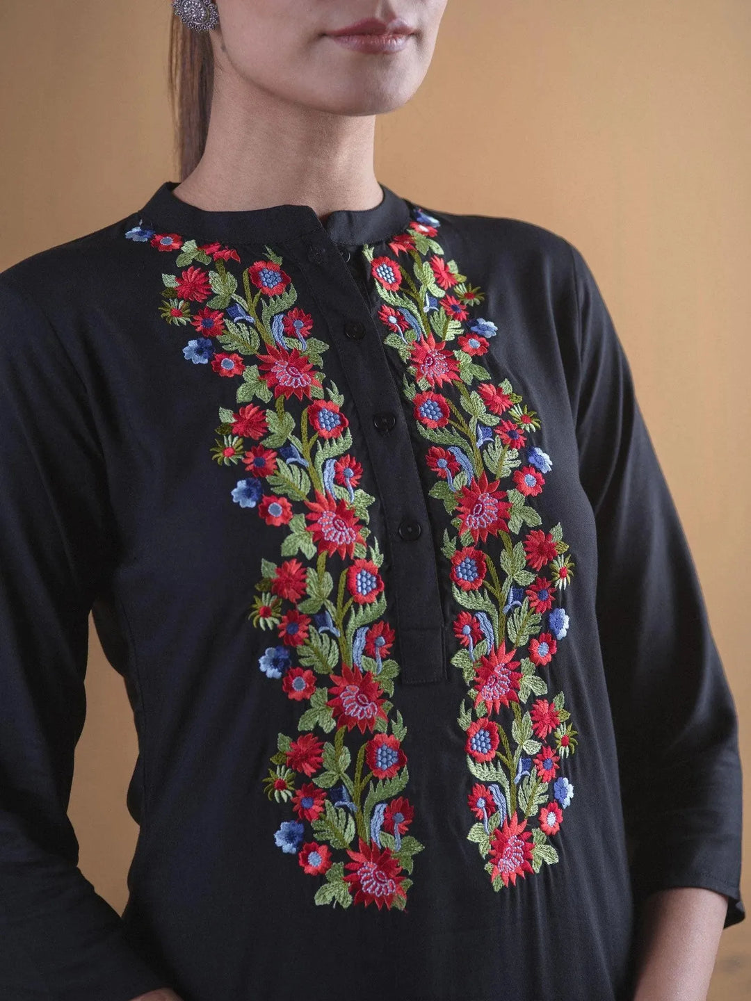 Black Embroidered Rayon Kurta - Libas 