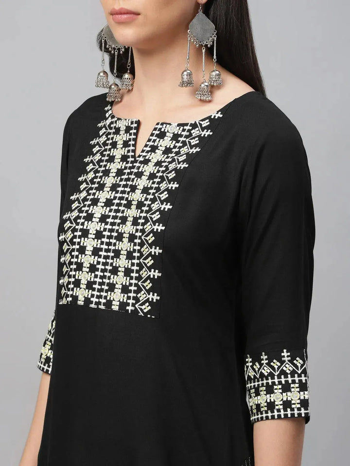 Black Embroidered Rayon Kurta - Libas