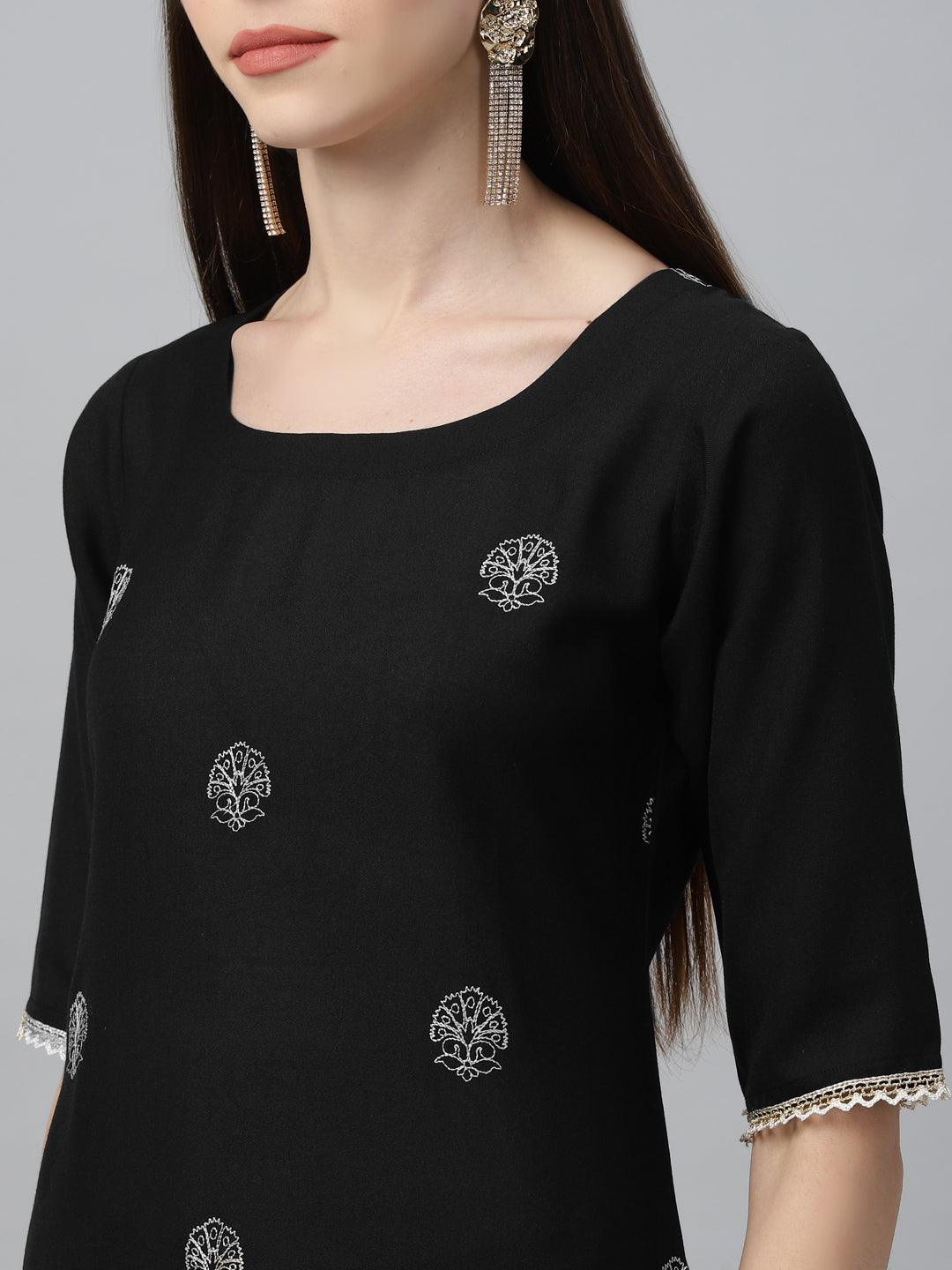 Black Embroidered Rayon Kurta - Libas
