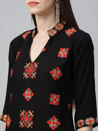 Black Embroidered Rayon Kurta - Libas