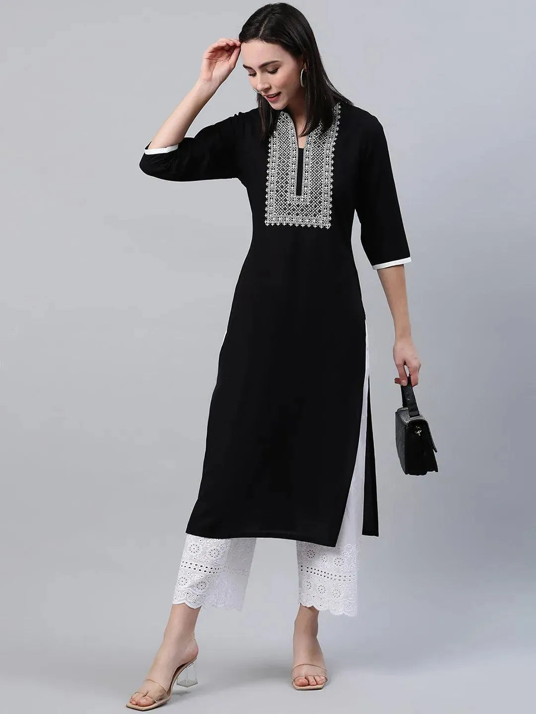 Black Embroidered Rayon Kurta - Libas