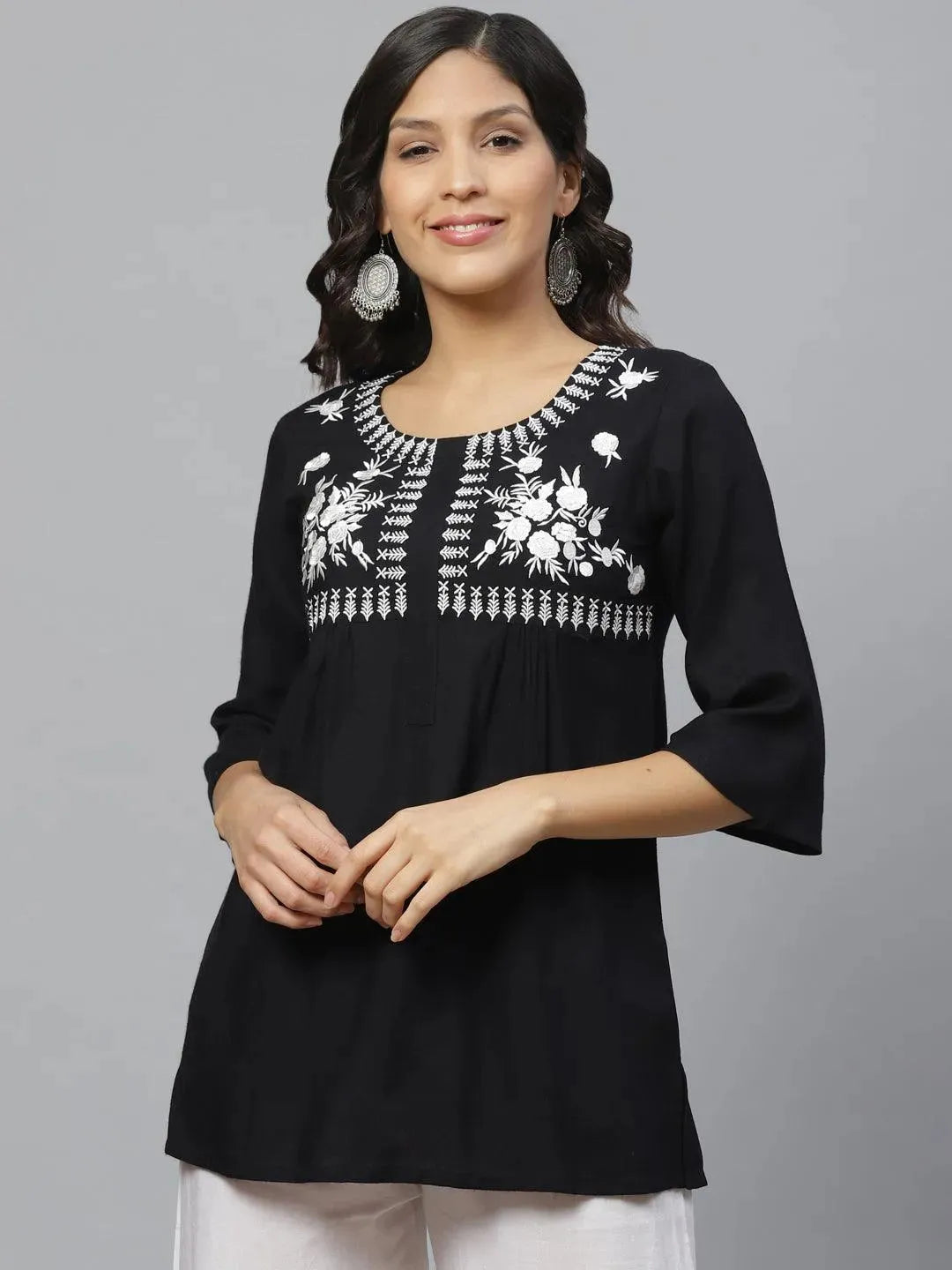 Black Embroidered Rayon Kurti - Libas