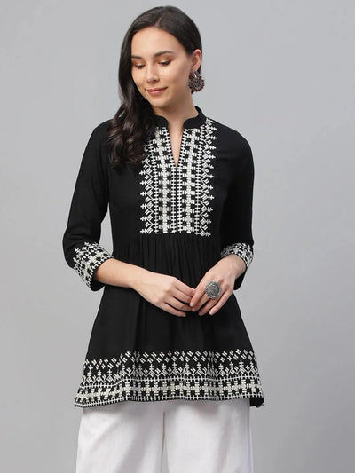 Black Embroidered Rayon Kurti - Libas