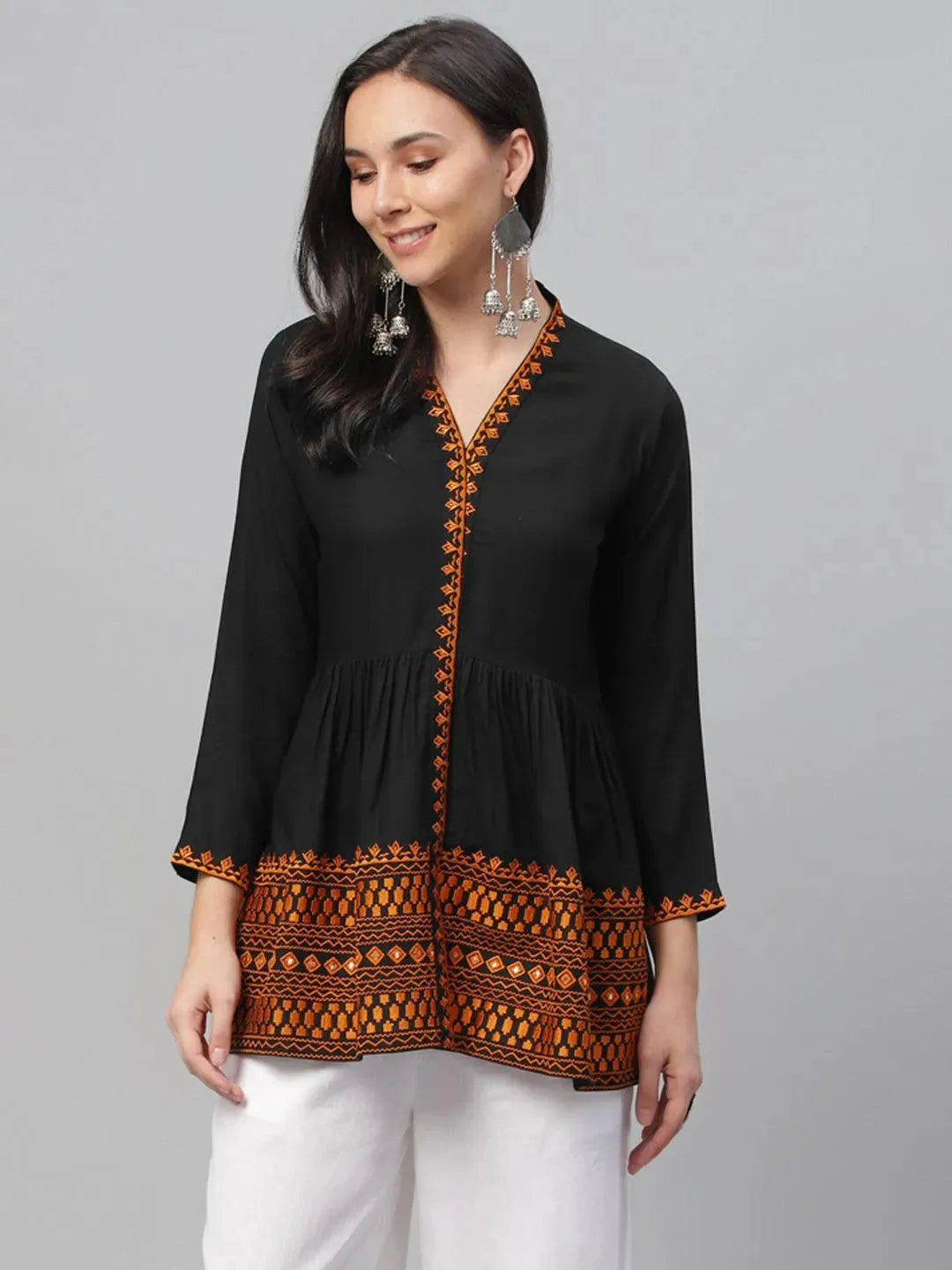 Black Embroidered Rayon Kurti - Libas