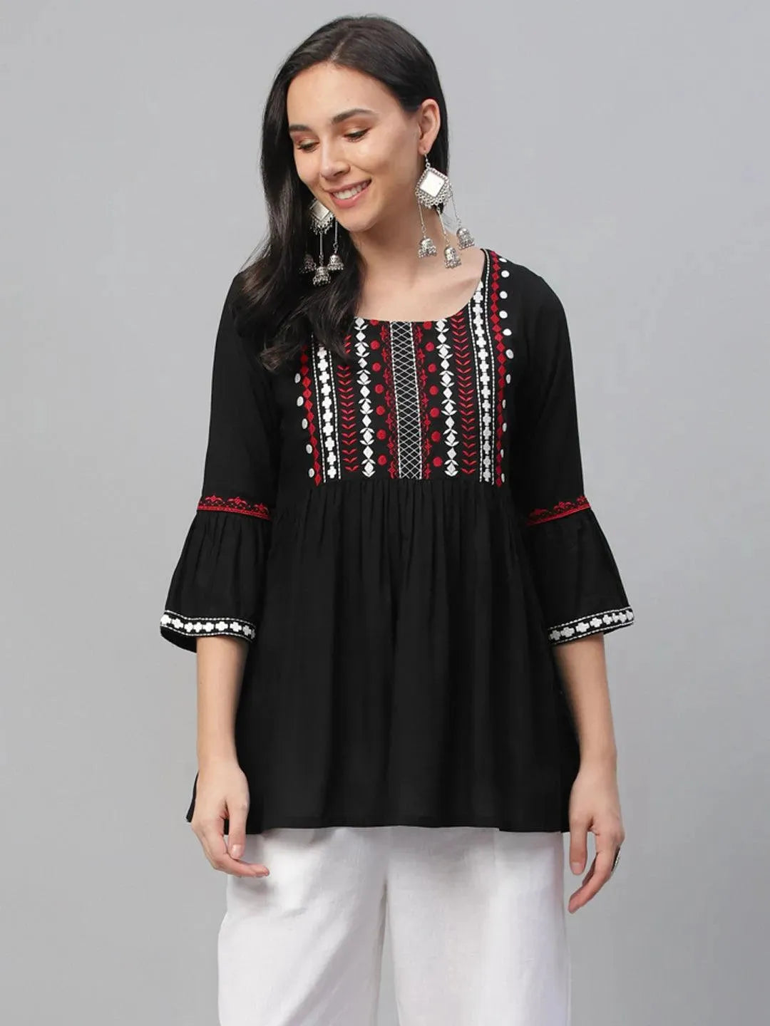 Black Embroidered Rayon Kurti - Libas