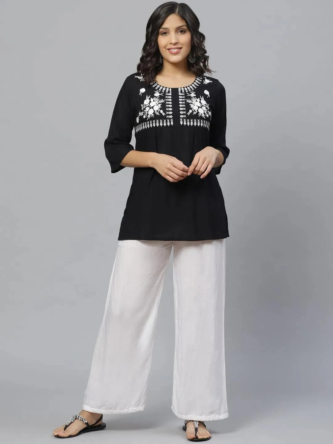 Black Embroidered Rayon Kurti - Libas