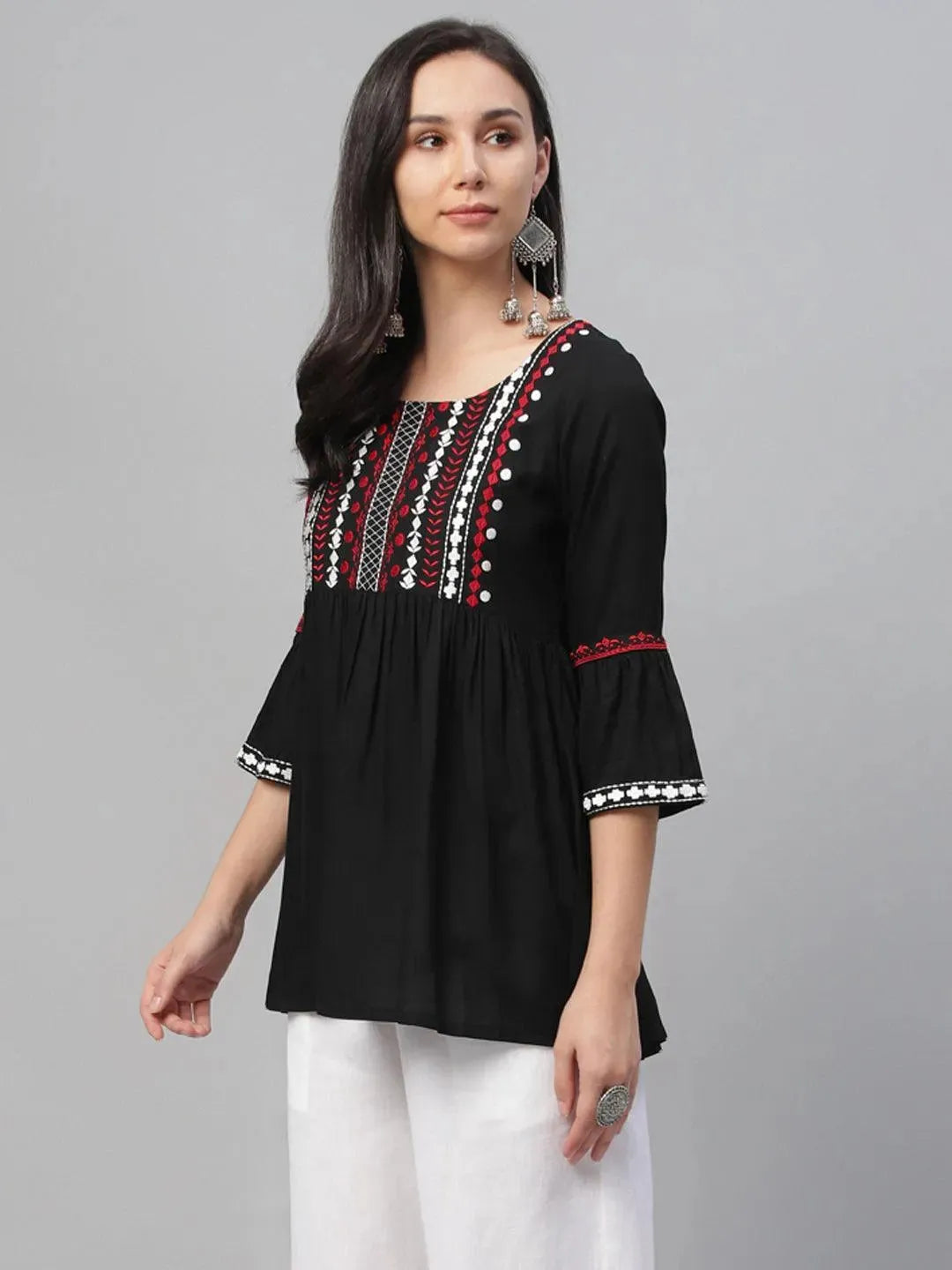 Black Embroidered Rayon Kurti - Libas 