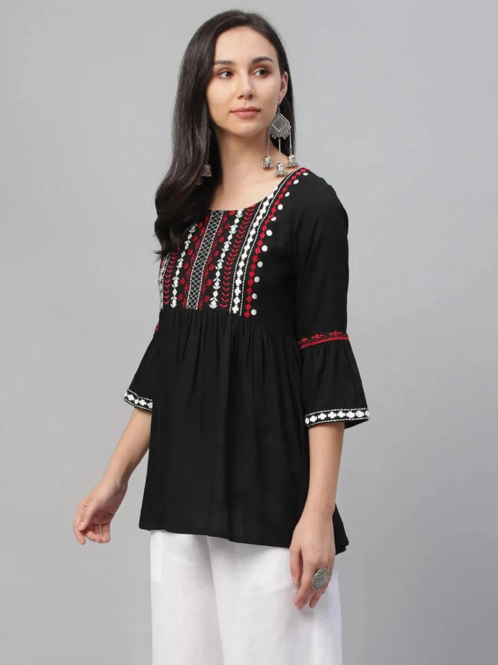 Black Embroidered Rayon Kurti - Libas