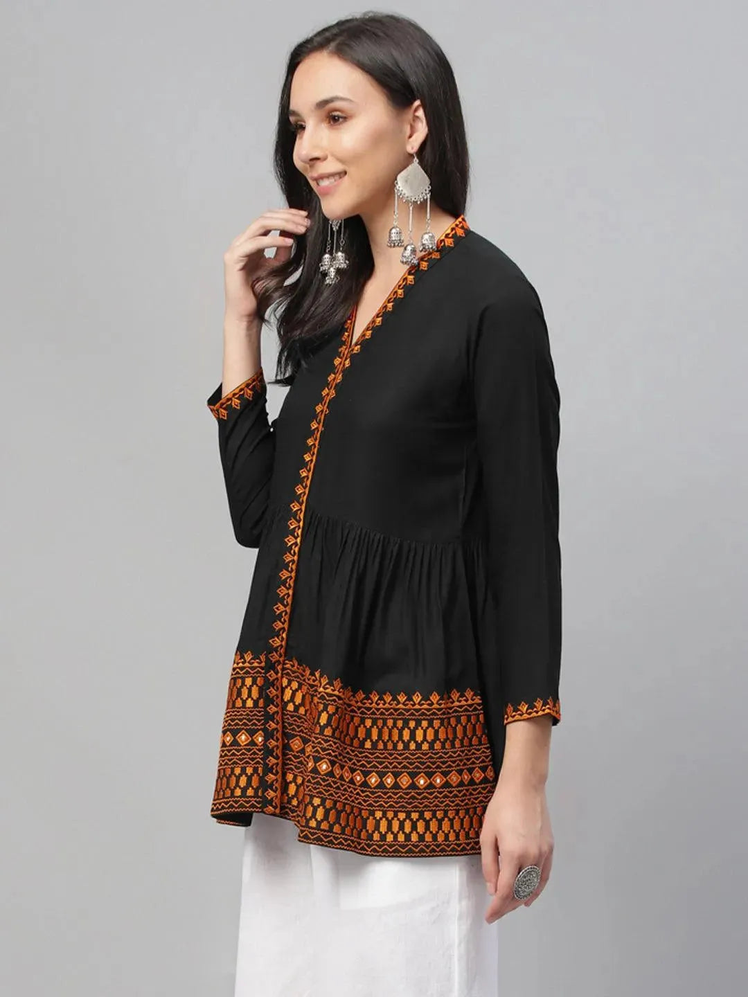 Black Embroidered Rayon Kurti - Libas