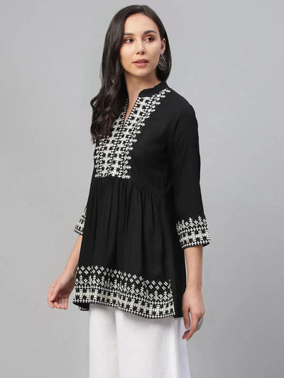 Black Embroidered Rayon Kurti - Libas