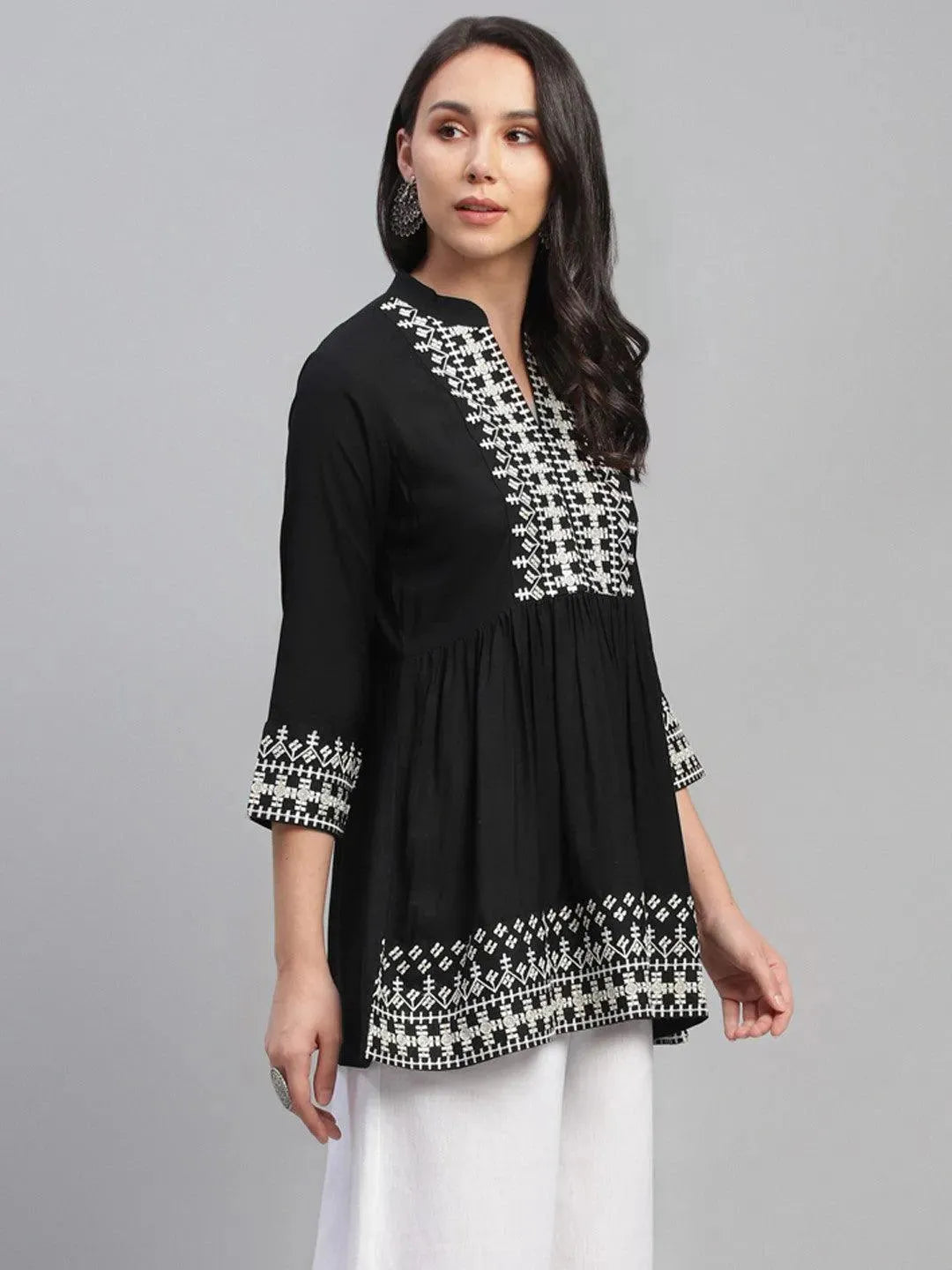 Black Embroidered Rayon Kurti - Libas