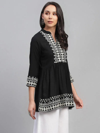 Black Embroidered Rayon Kurti - Libas