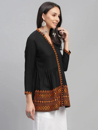 Black Embroidered Rayon Kurti - Libas