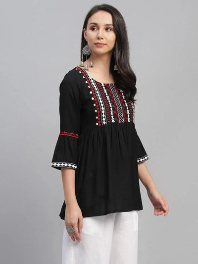 Black Embroidered Rayon Kurti - Libas