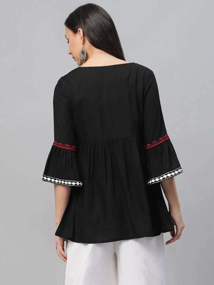 Black Embroidered Rayon Kurti - Libas