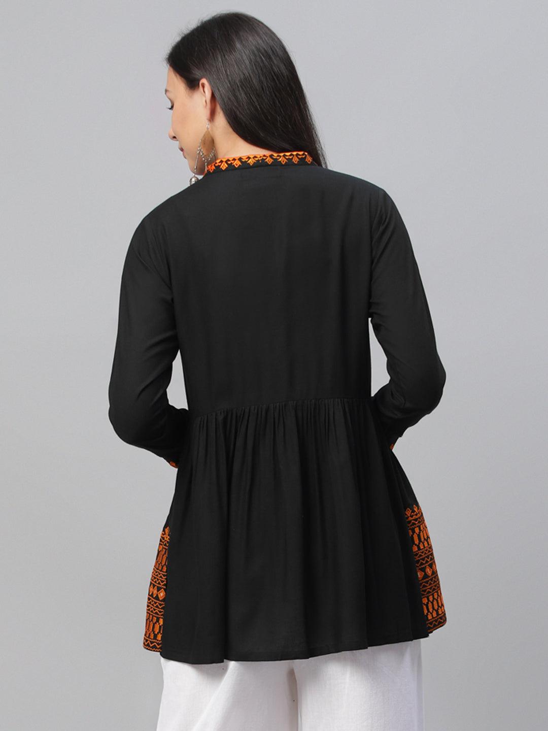 Black Embroidered Rayon Kurti - Libas
