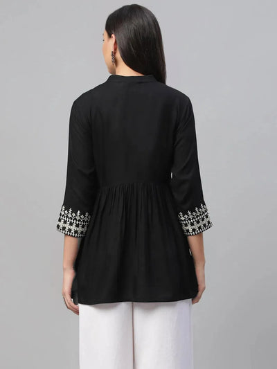 Black Embroidered Rayon Kurti - Libas