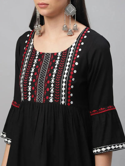 Black Embroidered Rayon Kurti - Libas