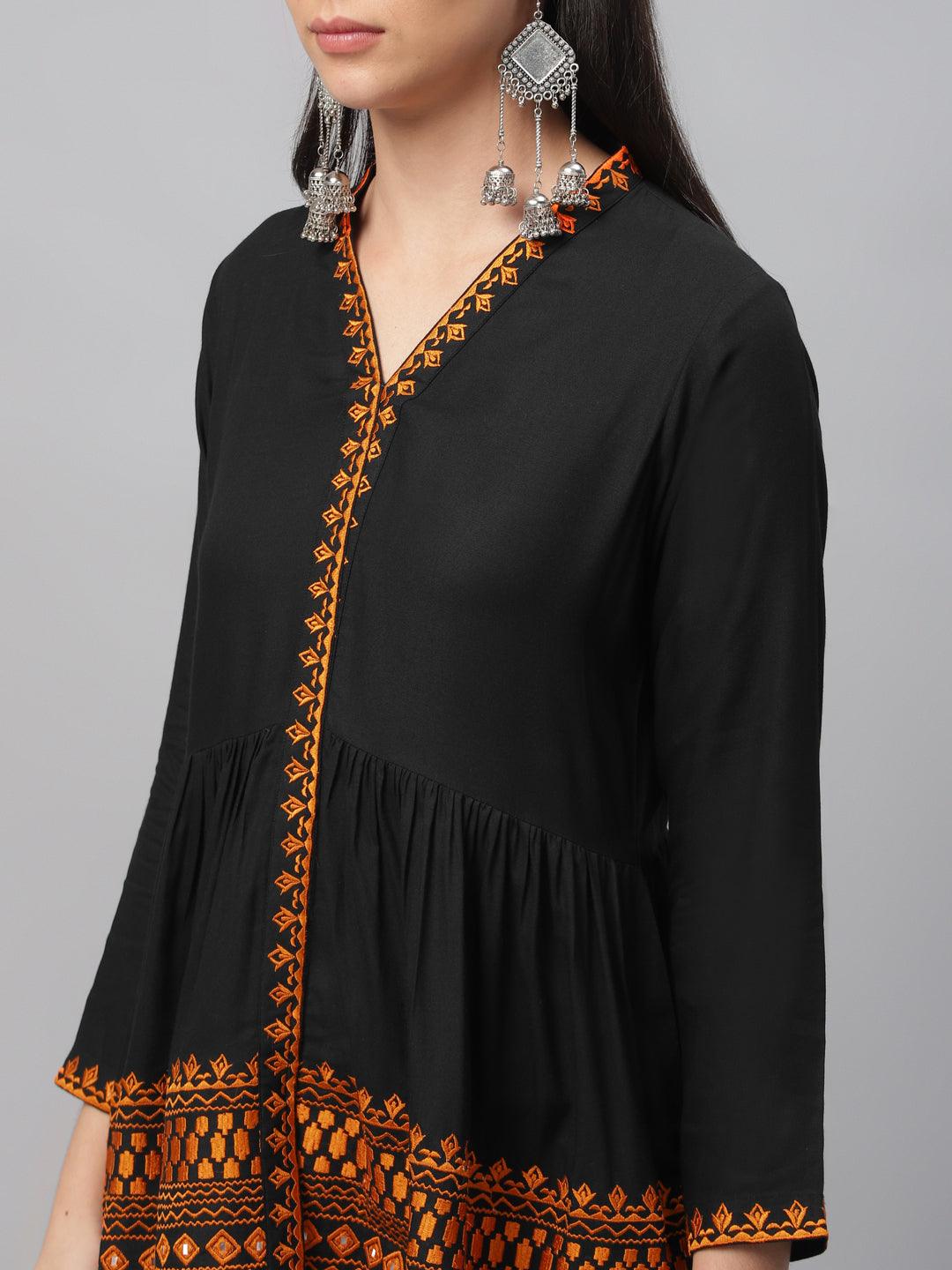 Black Embroidered Rayon Kurti - Libas
