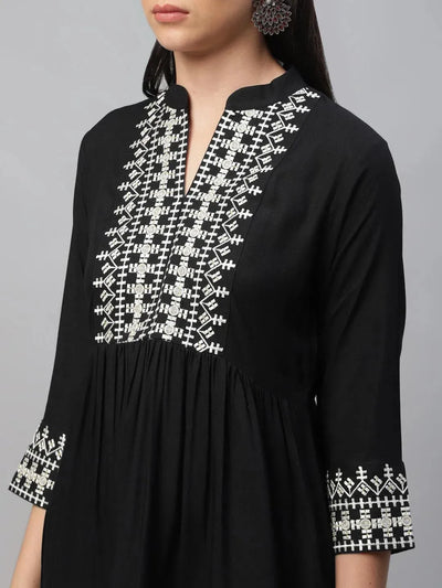 Black Embroidered Rayon Kurti - Libas
