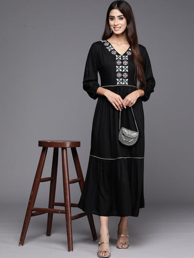 Black Embroidered Rayon Maxi Dress - Libas