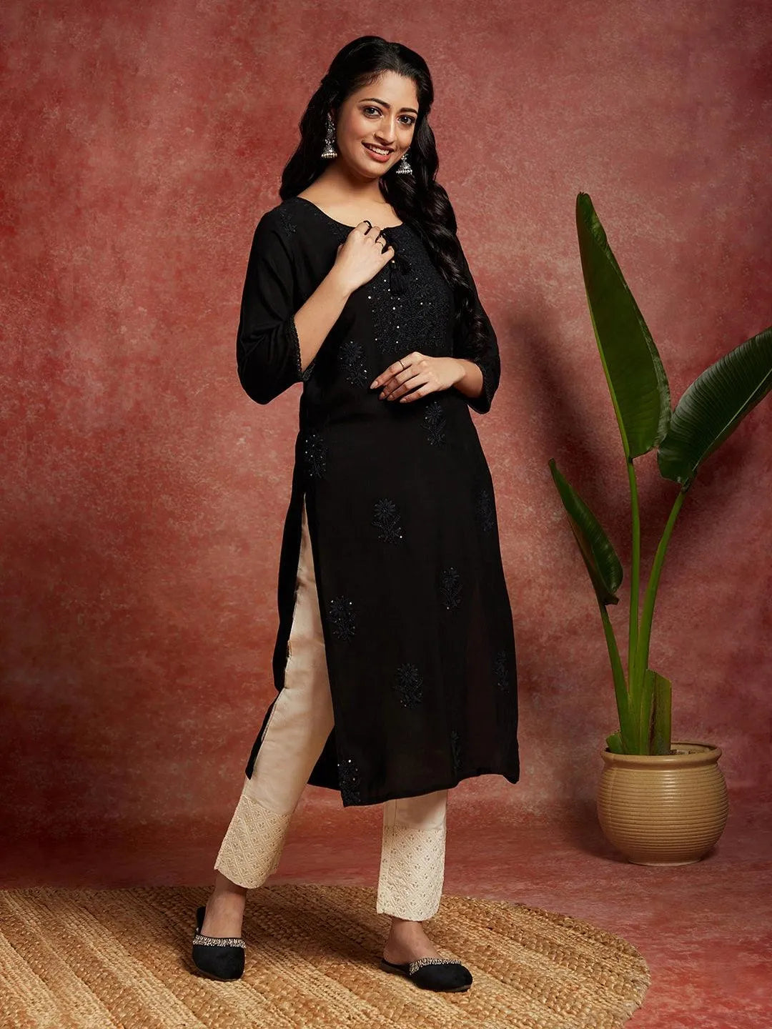 Black Embroidered Rayon Straight Kurta - Libas 